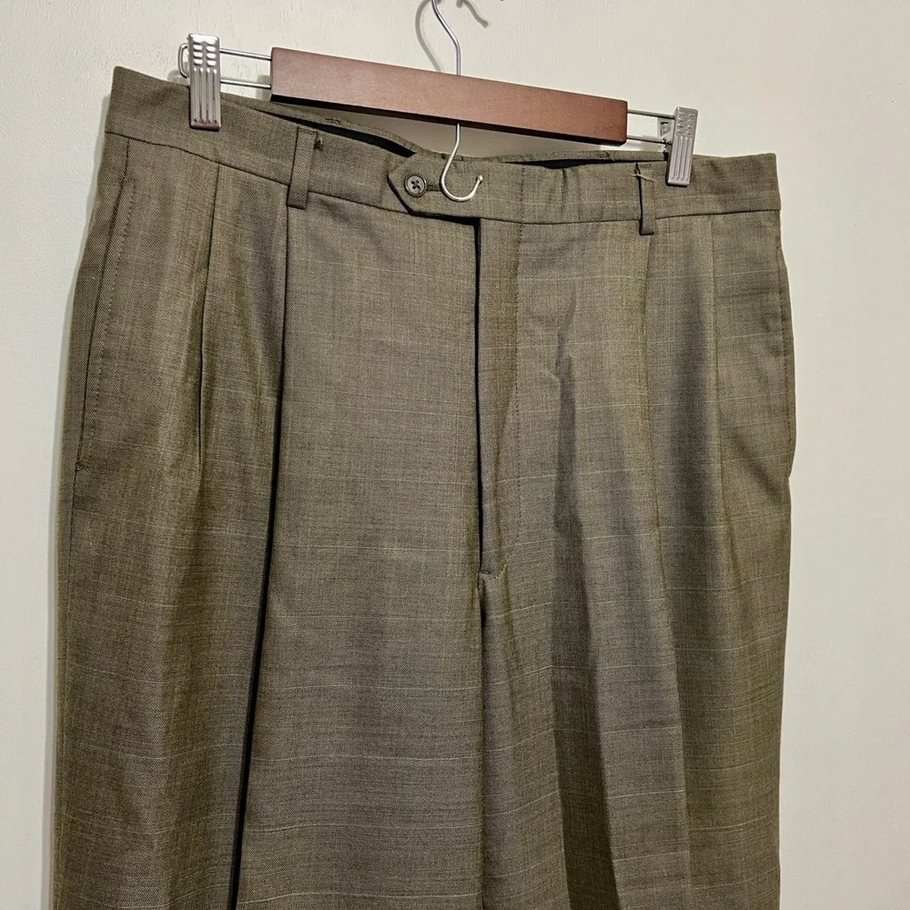 Austin Reed Mens Wool Suit 42L 34x30 2pc Jacket Pants Khaki Glen Check‎